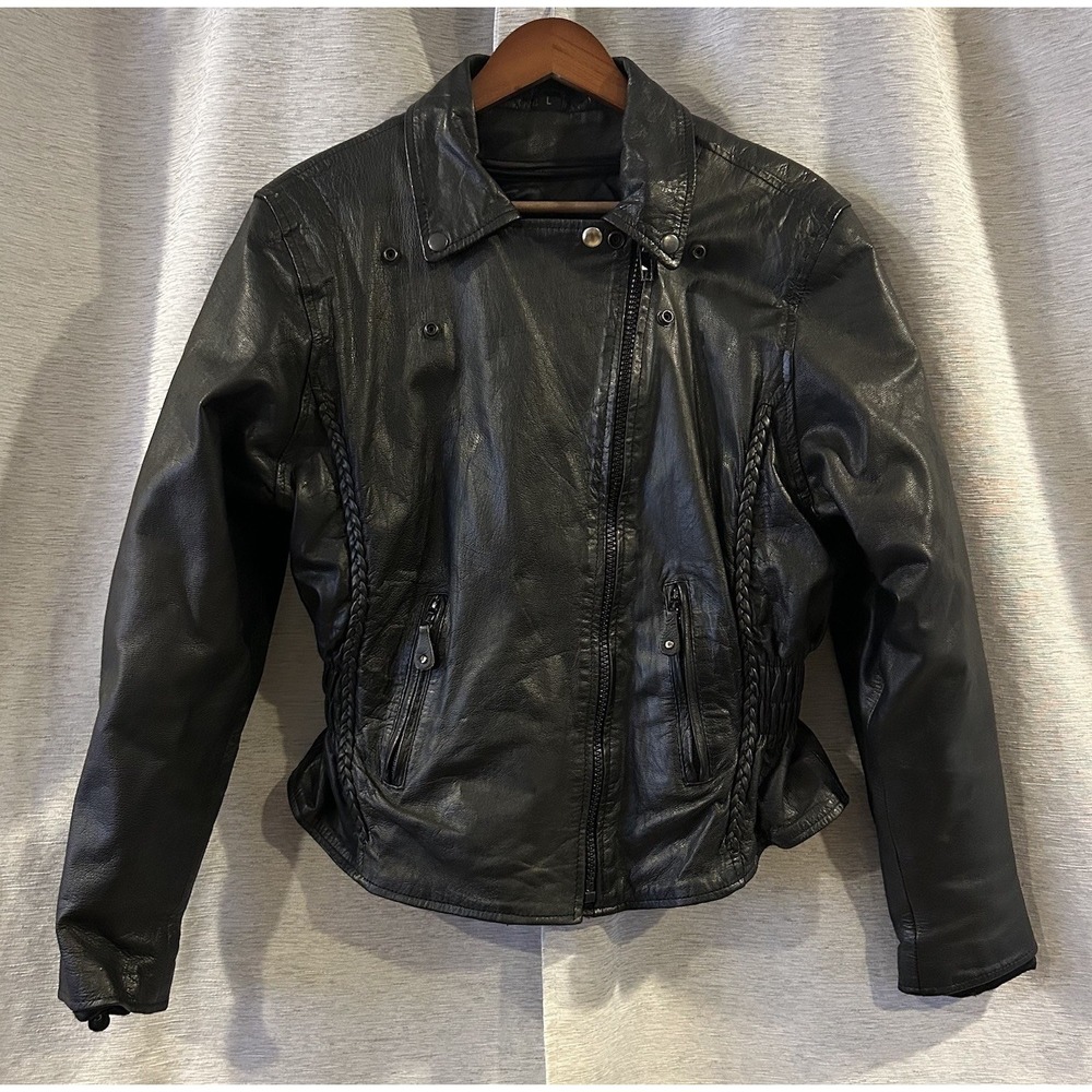 Silver Bike Leather Jacket Womens Large Black‎ Full Zip Biker Motorcycle Braided